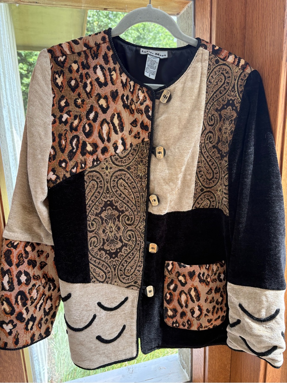 Vintage Indigo Moon Jacket Animal Print Block Tapestry  Wooden Buttons Small
